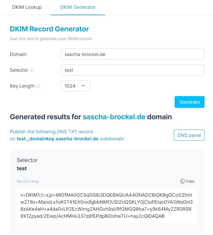 DKIM Record Generator Eingabe & Ergebnisse