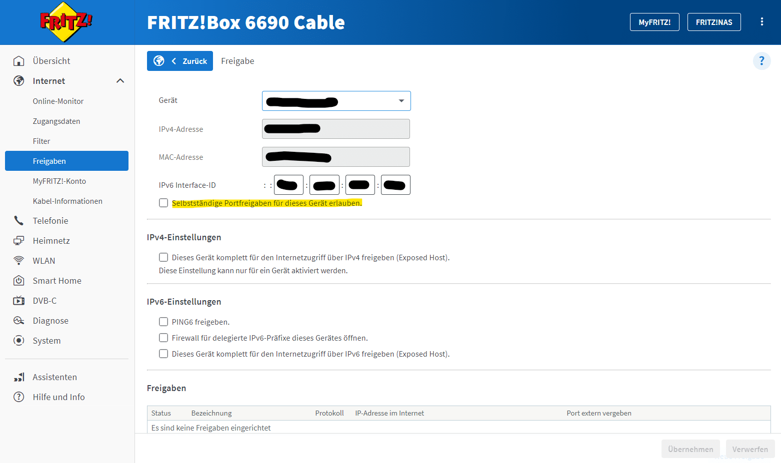 FRITZ!Box user interface with port share settings